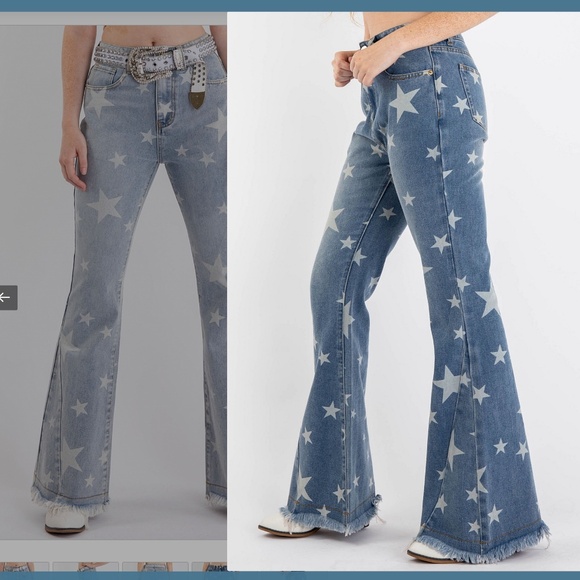 Blue Velvet “ Big Dipper “ Blue Velvet WASHED STAR PRINT FLARE DENIM JEANS 68A - Picture 2 of 3